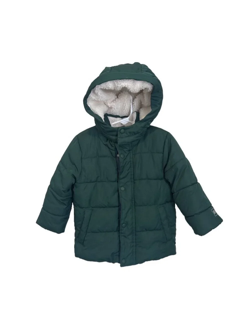 Gap Boys Toddler Puffer Jacket Hooded Olive Green Fleece Lined 2T Sherpa